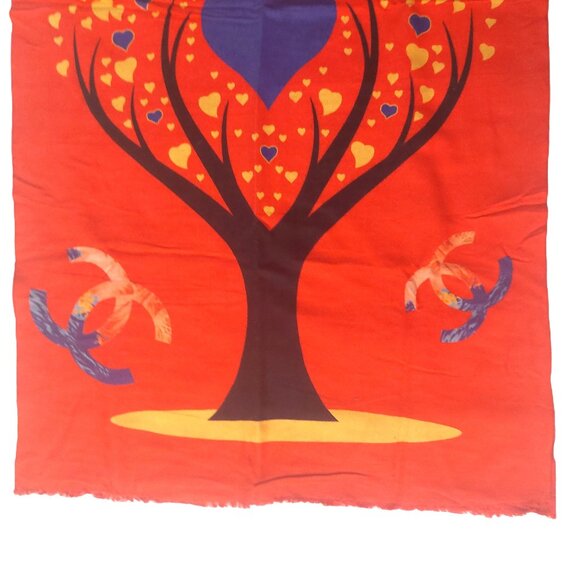 Vintage Chanel Multi-Color Red Tree Hearts Print Blanket Scarf Scarves Wrap - Picture 4 of 8
